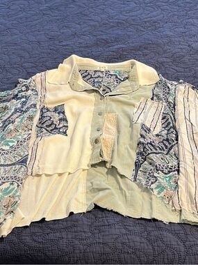 Boho Patchwork Button-Front Women’s Top in Cream & Sage